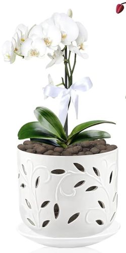  White Ceramic 5" Orchid Pot with Holes & Saucer NEW Plant not included