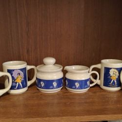 Beautiful Commemorative Vintage Morton Salt 4 Mug Set With Sugar And Creamer.s
