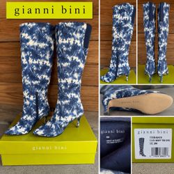 Gianni Bini Knee-High Boots – womens 8 - Blue & Cream Tie-Dye – Brand New
