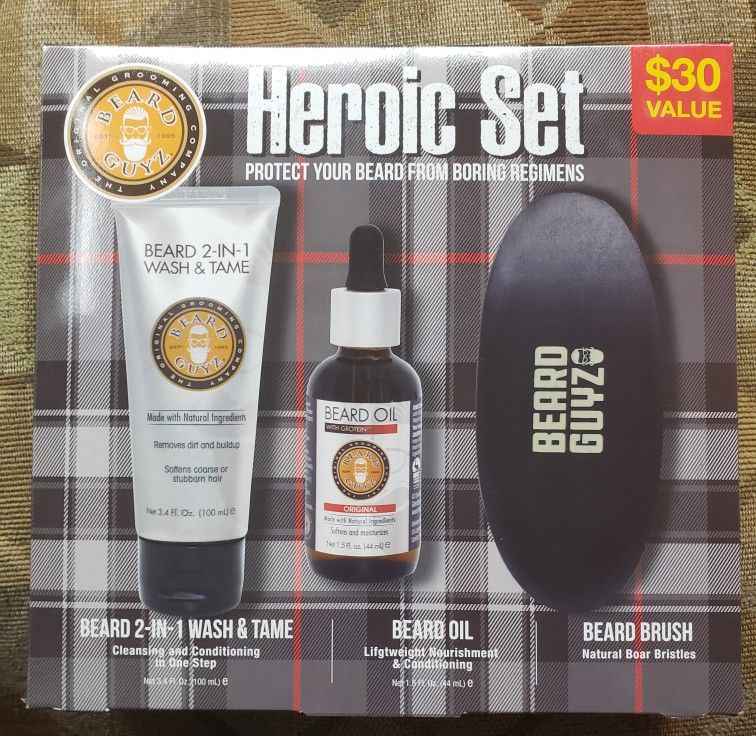 Beard Guyz "Heroic Set" 3 pc Beard Grooming Set w Boar Bristle Brush, Wash & Oil