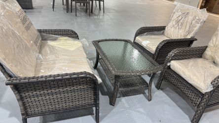 4 Pieces Patio Furniture Set, Outdoor Wicker Sofa with Coffee Table, Chairs, All Weather High Back Rattan Loveseat Couch with Comfy Cushions, Beige