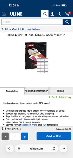 Uline Quick Lift Laser Labels - White, 2 5⁄8 x 1"