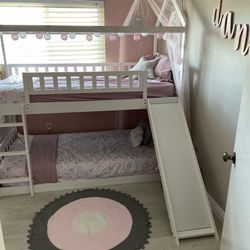  Bunk Bed for Girls, Bed with Slide White Pine Twin Over Twin Staircase with Storage Drawers and Rail Guard Wood Slats for Boy Girl Bedroo