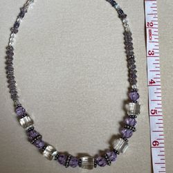 Purple Glass Beaded Necklace and 2 Dangle Earrings Set Sterling 925 Silver