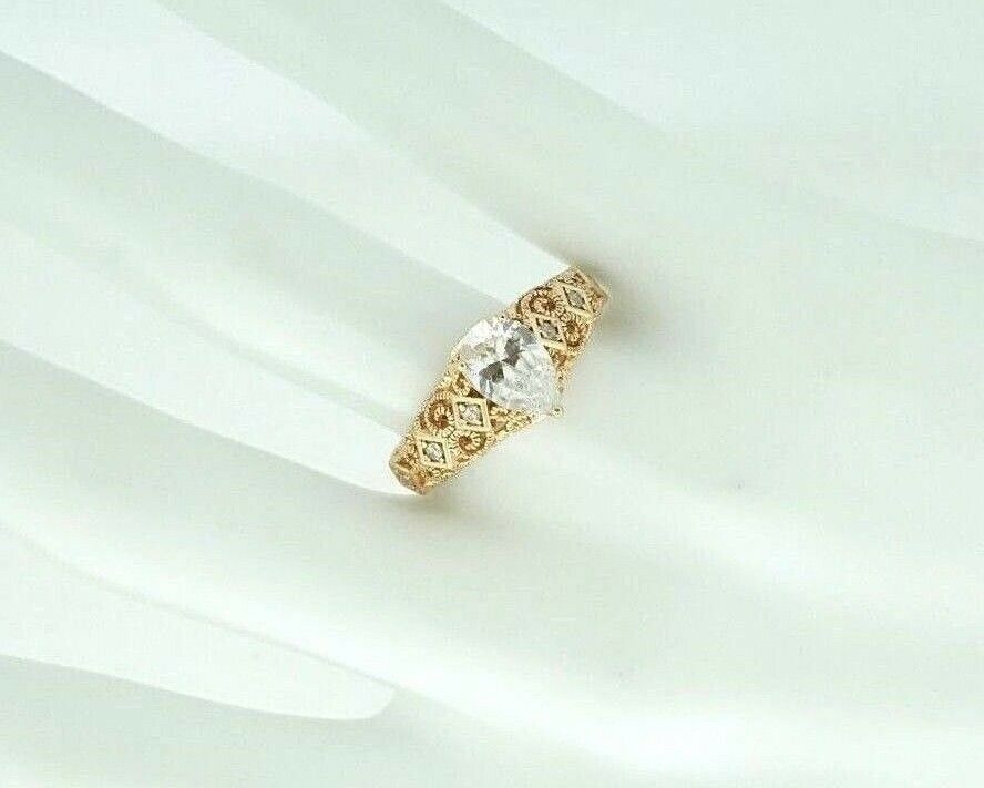 VANNA K Gold Plated 925 Sterling Silver CZ Engagement Pear Filigree Ring #20735