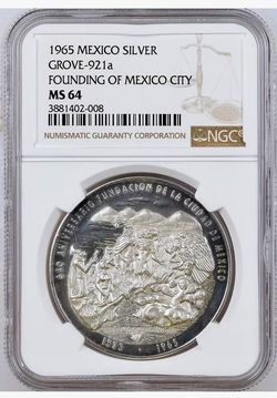 1965 Mexico "640th Anniversary of the Founding of Mexico City" (Tenochtitlan) Silver medal. NGC  MS 64  Grove-921a