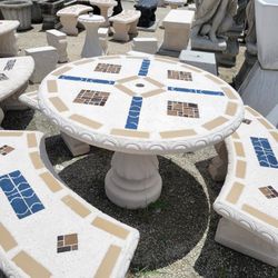 Concrete Mosaic Picnic Table with 3 Benches/ Outdoor Patio Furniture