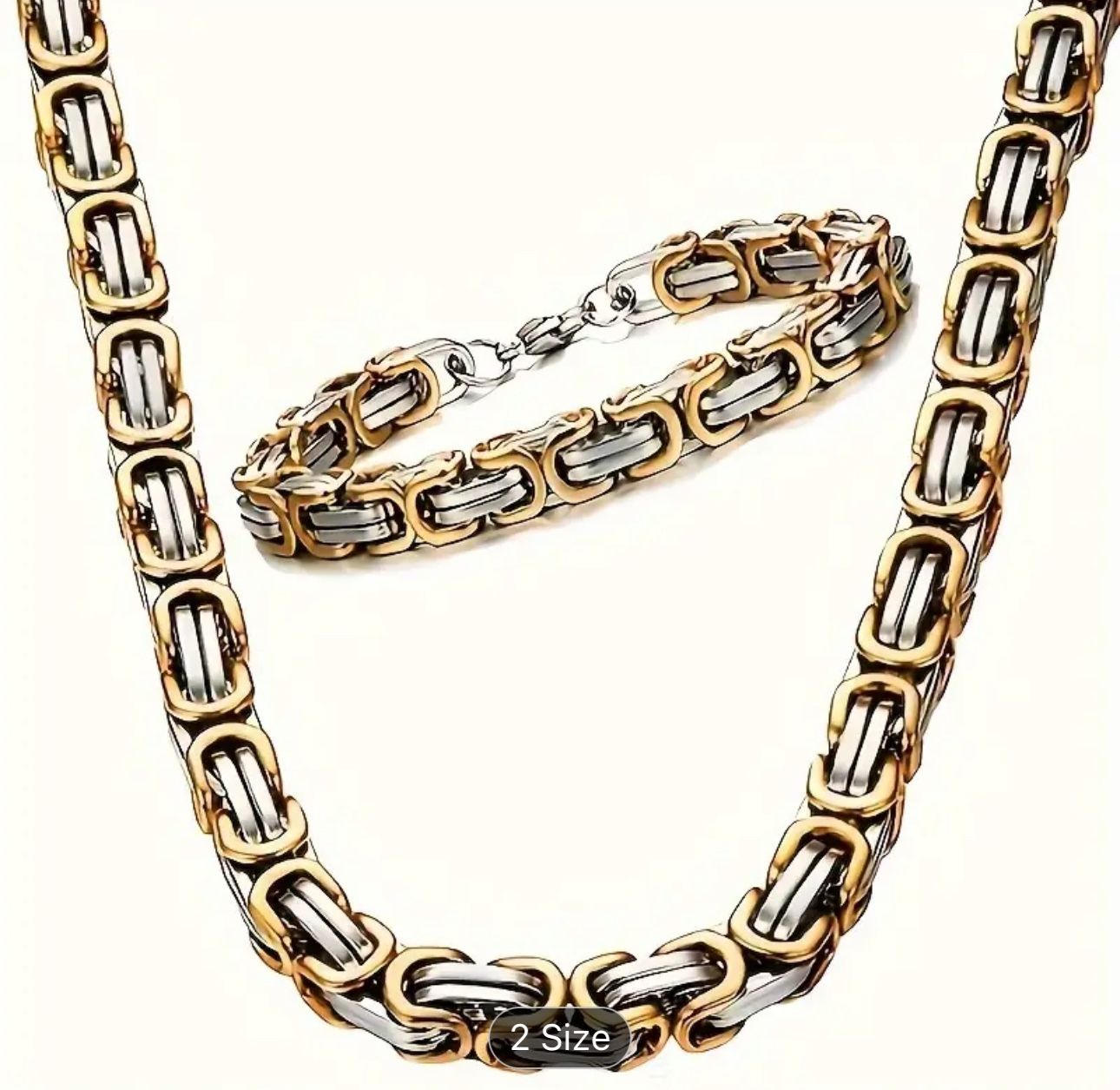 2pcs/set (Necklace + Bangle) Stainless Steel Golden Plated Jewelry, 6mm Cool Chain  Necklace And Bracelet Set