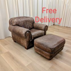 Plunkett Furniture Top Grain Leather Chair and Ottoman Free Delivery