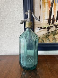 Vintage Teal Glass Romania Seltzer Bottle APA STAS 3377-52 - Bird Spout Mouth 