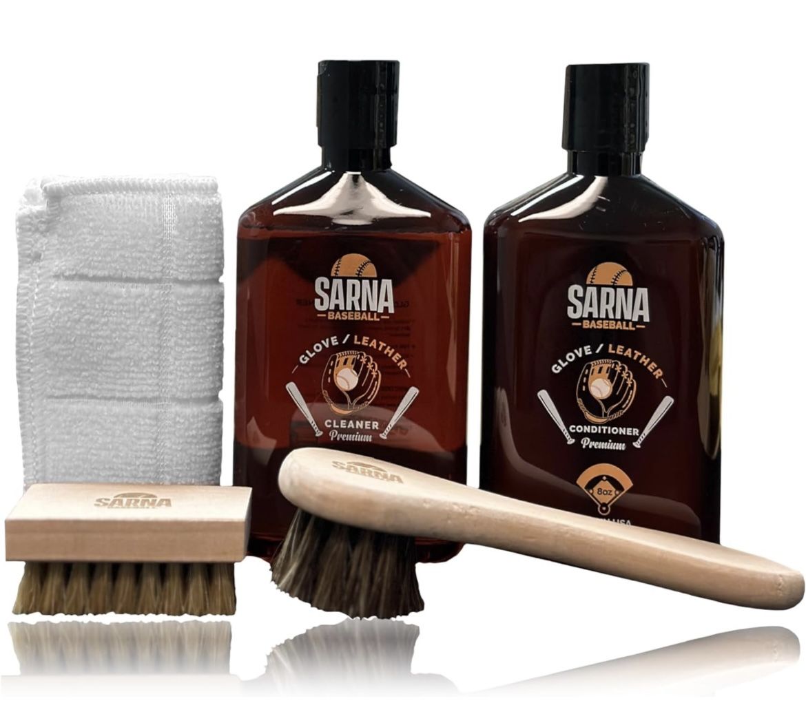 Baseball Glove Maintenance Kit Premium Leather Conditioner and Leather Cleaner (8 oz.) - Includes Cleaning and Brushes and Microfiber Towel