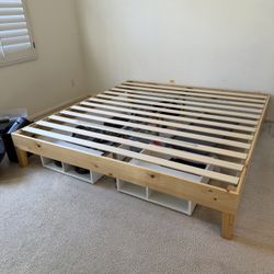 King Size Wood Platform Bed Frame w/ Slats + Underbed Storage