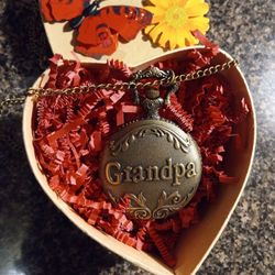 "GRANDPA' POCKET WATCH--WORKS GREAT--CUSTOM MADE HEART BOX  AND GIFT BAG IS INCLUDED 