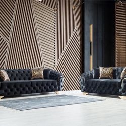 New Black Velvet Living Room Sofa And Love Seat - Delivery And Financing Available 