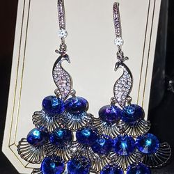 NWT Peacock Chandelier Dangle Earrings. Made With High Quality Clear CZ & Blue Crystals. BY EYE CANDY LOS ANGELES