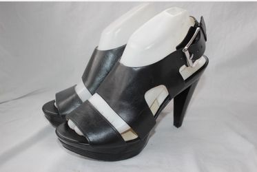 Michael Kors Womens Carla Sandals Size 6 1/2 Black Leather Platform Heel Dress Shoes