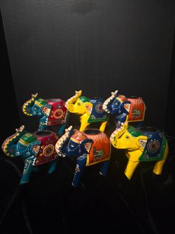 Vintage 6 Hand Painted Folk Art Wooden Elephant Candle 7"×7" Holders, Multicolor