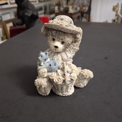 Boyds Bears & Friends Bearstone Collection With Bear With A Basket Of Roses And A Kitty On Her Lap - Resin 4"H