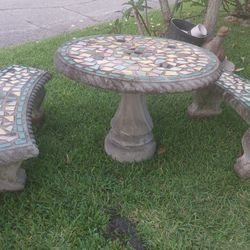 Heavy Mosaic Tile Top Concrete Patio Set With Matching Tile Top 2 Benches