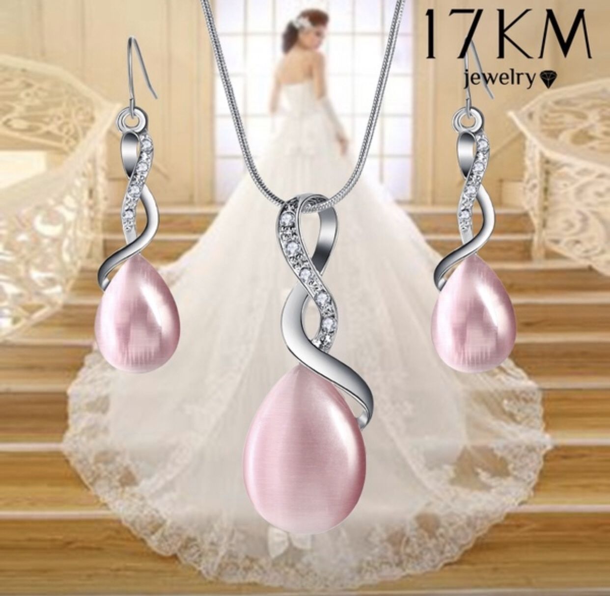 Pink Moonstone & Silver Necklace and Earrings Set