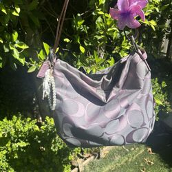 Coach Signature Jacquard Hobo Shoulder Bag Purple Gray Canvas Leather Trim 