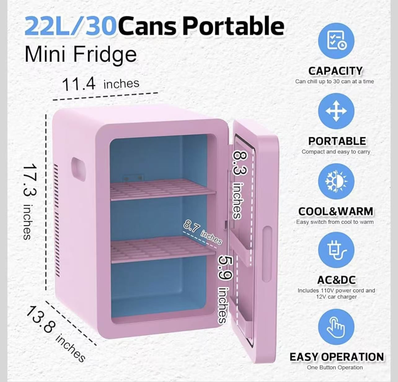 🥨 22L Mini Fridge for Bedroom, 30 Cans Portable Cooler & Warmer Compact Refrigerators with AC/DC Power for Skin Care, Beverage, Cosmetics, Food, Drin