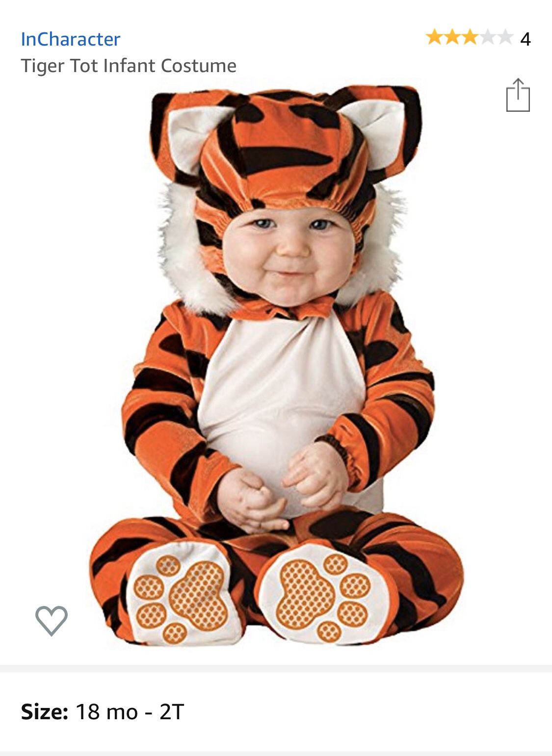 TIGER TOT INFANT COSTUME, SIZE 18MO.-2T, LIKE NEW