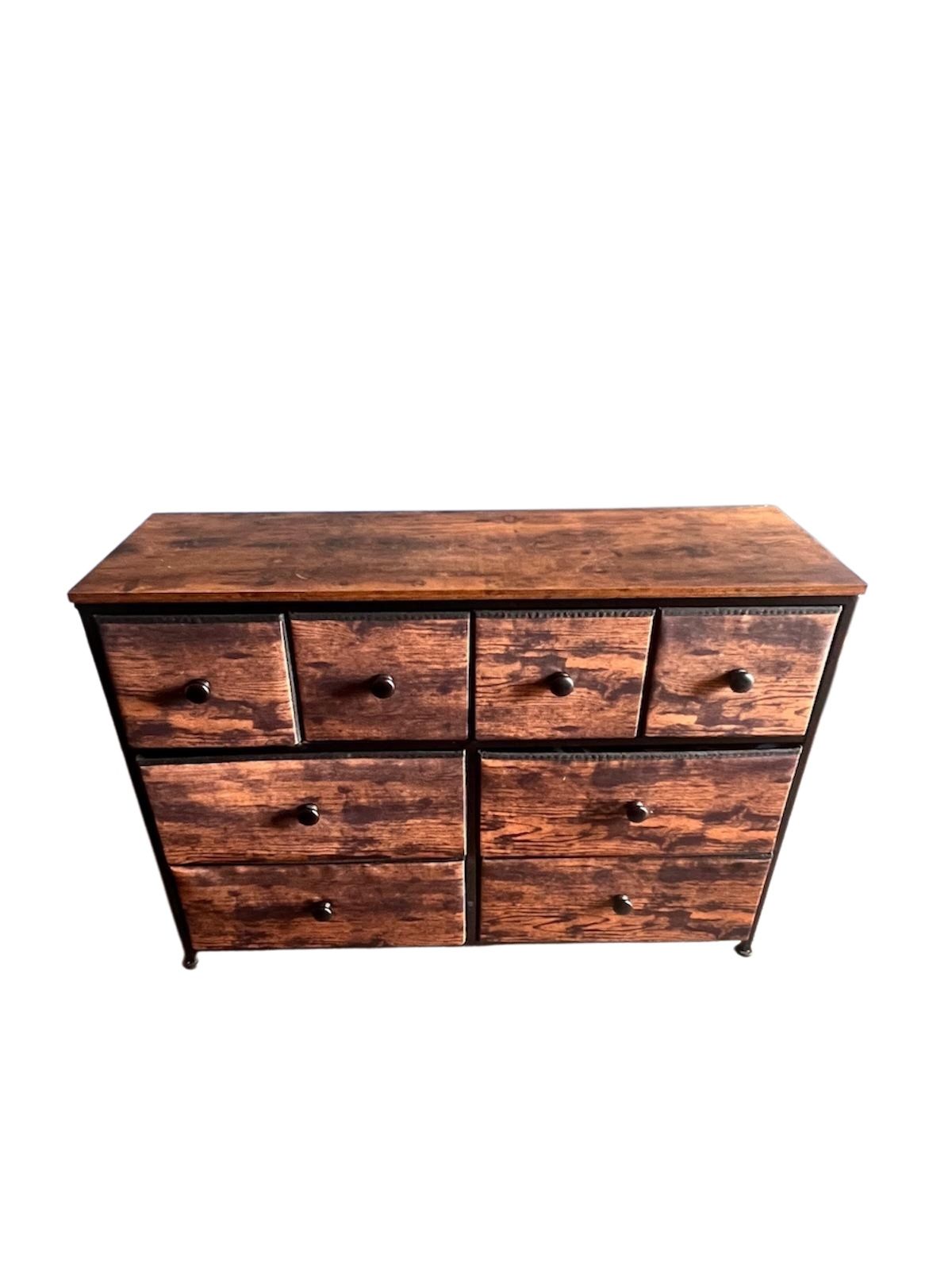 Industrial 8-Drawer Fabric Dresser — Wood-Grain Fronts, Metal Frame, Wood Top