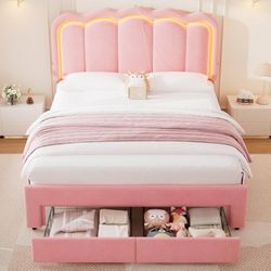 BRAND NEW 
Full Upholstered LED Bed Frame with 2 Storage Drawers and Adjustable Chic Double Wavy Headboard, Velvet Princess Platform Bed with Charing 