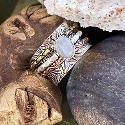 Natural Rainbow Moonstone 3-tone Silver Spinner Ring Sz 8