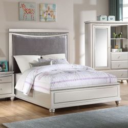 Brand New Platinum/Velvet Panel Bed with Sparkling Rhinestone Accent