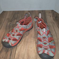 KEEN Womens Grey/ Orange Trail Hiking Sandals Water Shoes Size: 6 Waterproof. They have some wear from age and use. Sold as is.
