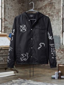 Reason Black Graphic Coach Jacket with Hood
