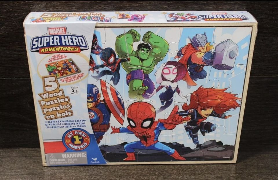 Marvel Superhero Adventures 5 Wood Puzzles Set in Storage Box NEW Kids 3+ Years