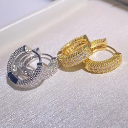2-Pairs Exquisite Micro Pave 14K White Gold-Plated/Yellow Gold-Plated 13mm Men Women Hoop Earrings