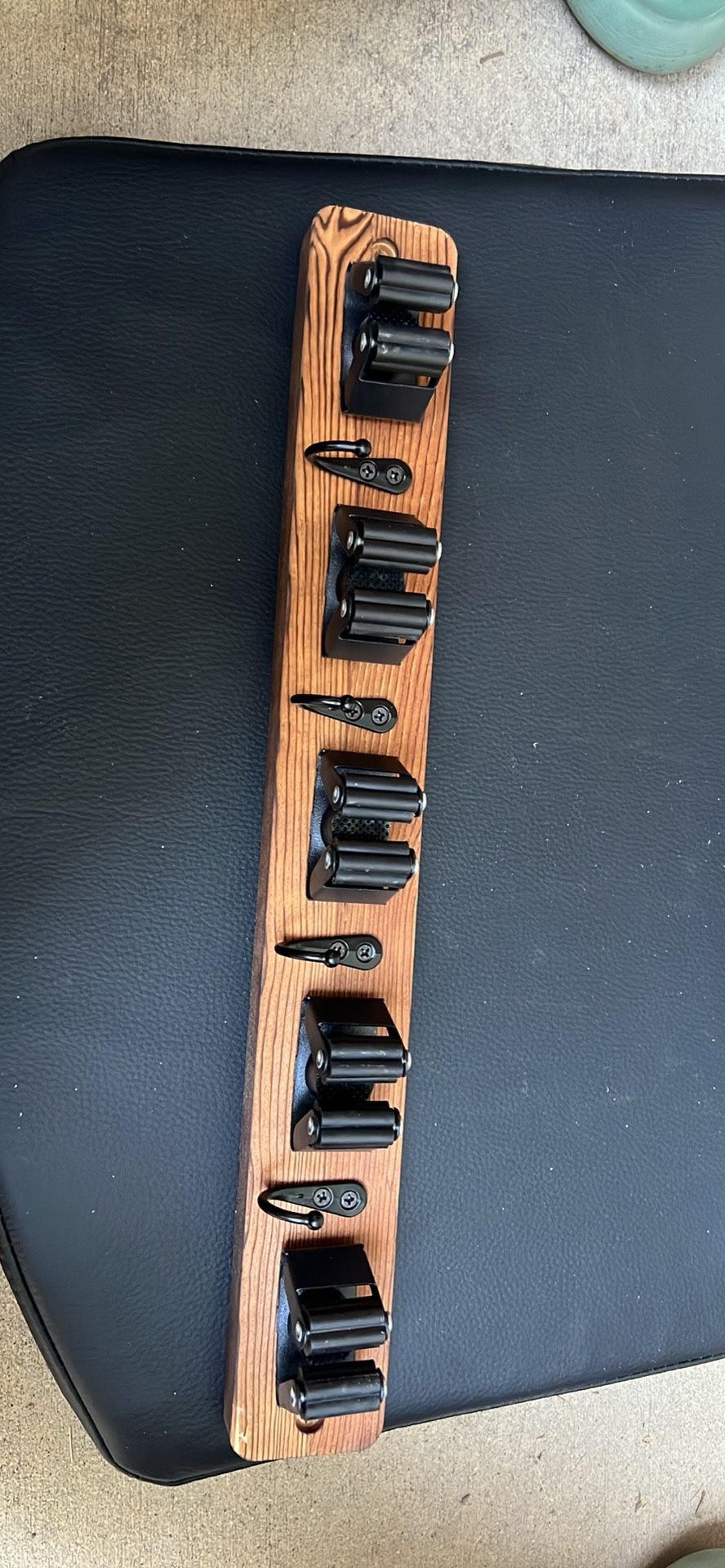 Wall Mounted Mop Broom Rack with 4 Hooks, Rustic Wood 5 Slot Broom Mop Rack, Pantry, Kitchen Storage, Garden Tool Storage, Closet, Laundry Room