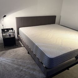 King Size Mattress + Modern Bed Frame + Nightstand – Like New