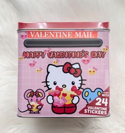 Sanrio Hello Kitty Pink Valentines Tin Tall Mail Box with Sticker 7” X 6” (NEW)