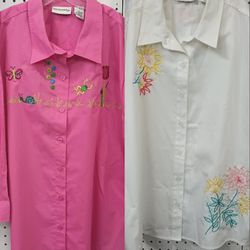 Breckenridge Button-up Shirt Women Pink And White XL Spring Embroidery Set of 2