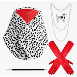 Cruella Dalmatian Shawl Set Red Gloves Necklace Cigarette Holder