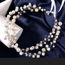 Double Strand Faux Pearl Adjustable Gold Tone Metal Wire Wreath Headpiece Tiara Crown Bridal