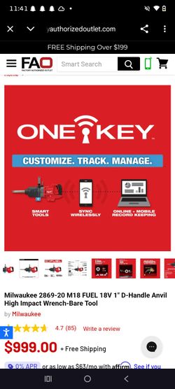 Milwaukee 2869-20 M18 Fuel 18V 1"D-Handle Anvil High Impact Wrench -Bare Smart Tool
