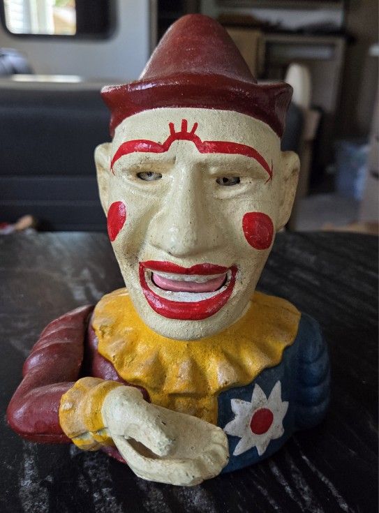 Vintage Cast Iron Mechanical Clown jester COIN Bank WORKING vibrant colors & creepy horror 1900s