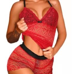 Red Printed Lace Camisole And Short Lingerie Set