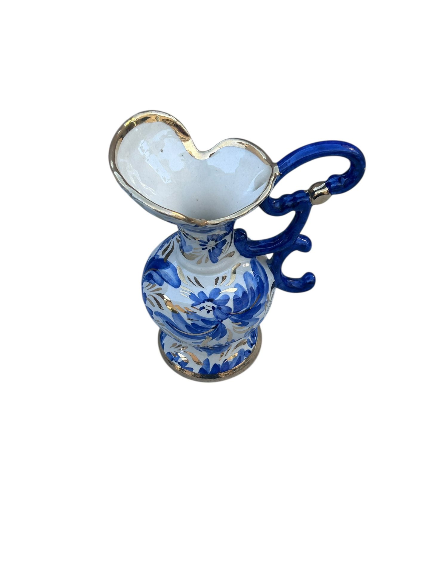 1960s Belgian "Hubert Bequet" "Bird of Paradise" Hand Painted Blue and White Pitcher With Gold Handl