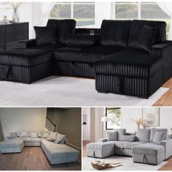 Corduroy black, Pull out bed, Storage chaise, Storage ottoman, drop down table  !!