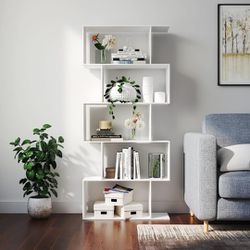Bookshelf 5-Tier S-Shaped Geometric Bookcase Wood