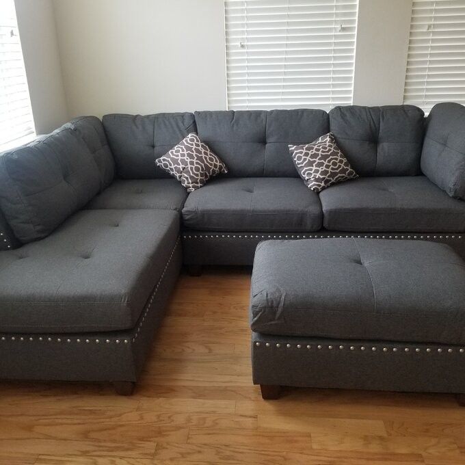 Brand New Grey Linen Sectional Sofa Couch +Ottoman (New In Box)
