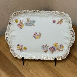 Vintage Dresden Germany Porcelain Floral Serving Tray • Gold Rococo Border • 10.5”
