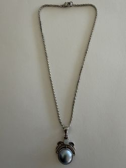 Vintage sterling silver pendant necklace,  with a large iridescent pearl and a smaller gemstone